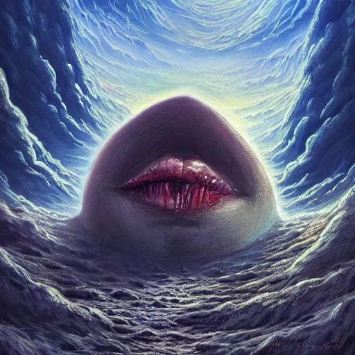 Image similar to giant mouth eats the earth, acrilic paint, digital, artstation, detailed intricate ink illustration, heavenly atmosphere, digital art, overdetailed art, concept art, complementing colors, trending on artstation, cgstudio, the most beautiful image ever created, dramatic, subtle, details, award winning artwork, beautiful scenery