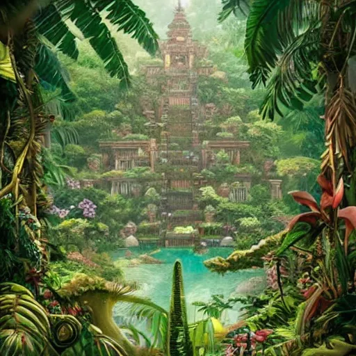 Image similar to a lost city in the jungle, super ornate and intricate, tiny details, cute, fairy style, studio ghibli, miyazaki,