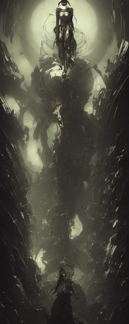 Image similar to dystopian, a dreamland of chinese ukiyo - e, gothic diablo art, rococo art, 4 k post processing. asymmetrical, portrait of an alien with large tubes in face in the style of, ghost in the shell, machine face, intricate, elegant, dramatic lighting concept art by craig mullins and ruan jia and raphael lacoste, trending on artstation