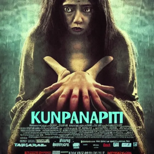 Prompt: horror movie poster called'kuntilanak antapani'with list of movie player, and restricted age, also very detail