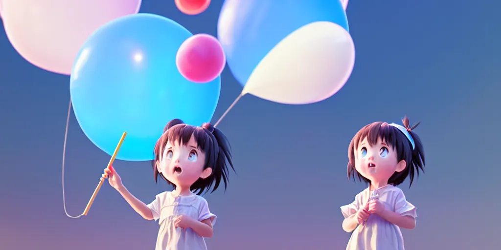 Image similar to a little girl with lollypop, holding blue balloon on a string, studio ghibli, pixar and disney animation, sharp, rendered in unreal engine 5, anime key art by greg rutkowski, bloom, dramatic lighting