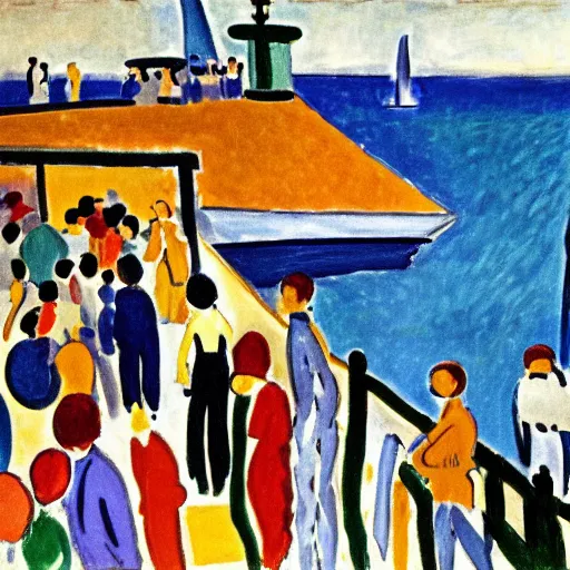 Prompt: a crowded touristy pier painted by henri matisse