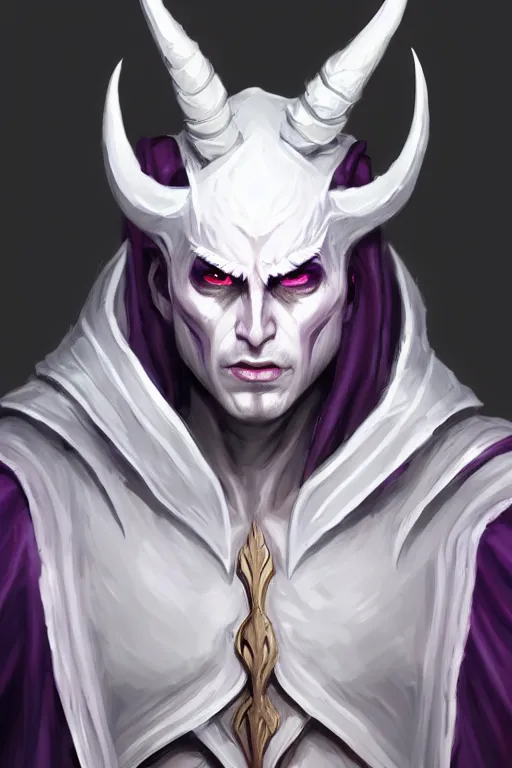 Image similar to human male demon, full body white purple cloak, hero, armor, character concept art, costume design, black eyes, white horns, trending on artstation, Artgerm , WLOP