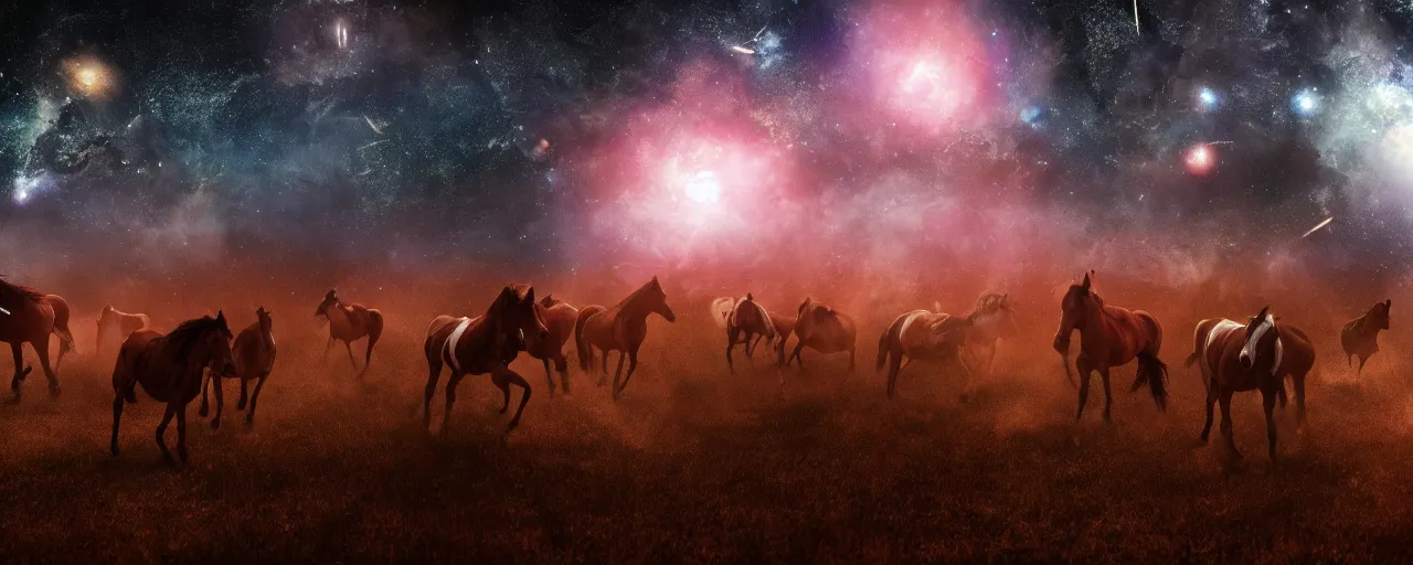 Prompt: hundreds of stampeding wild horses running through a galaxy, volumetric lighting,