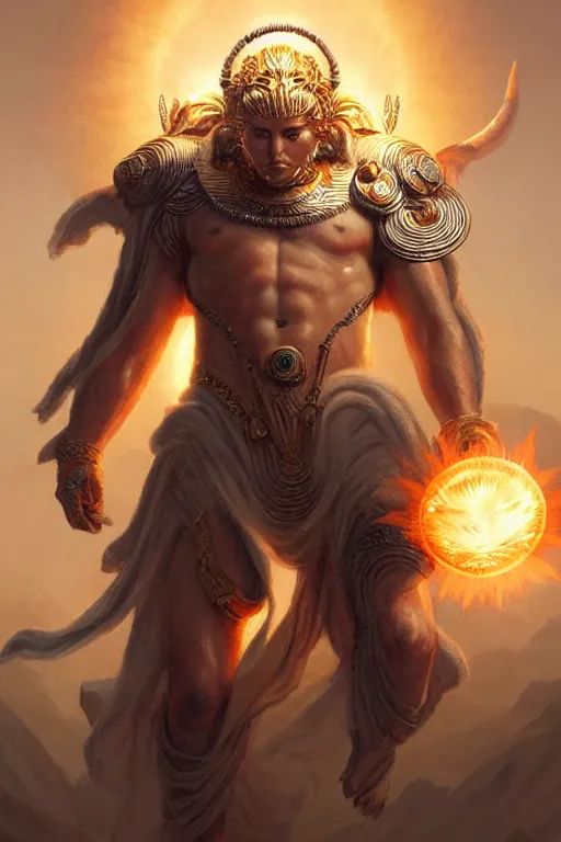 Image similar to apollo humanoid god of the sun, highly detailed, d & d, fantasy, highly detailed, digital painting, trending on artstation, concept art, sharp focus, illustration, art by artgerm and greg rutkowski and magali villeneuve