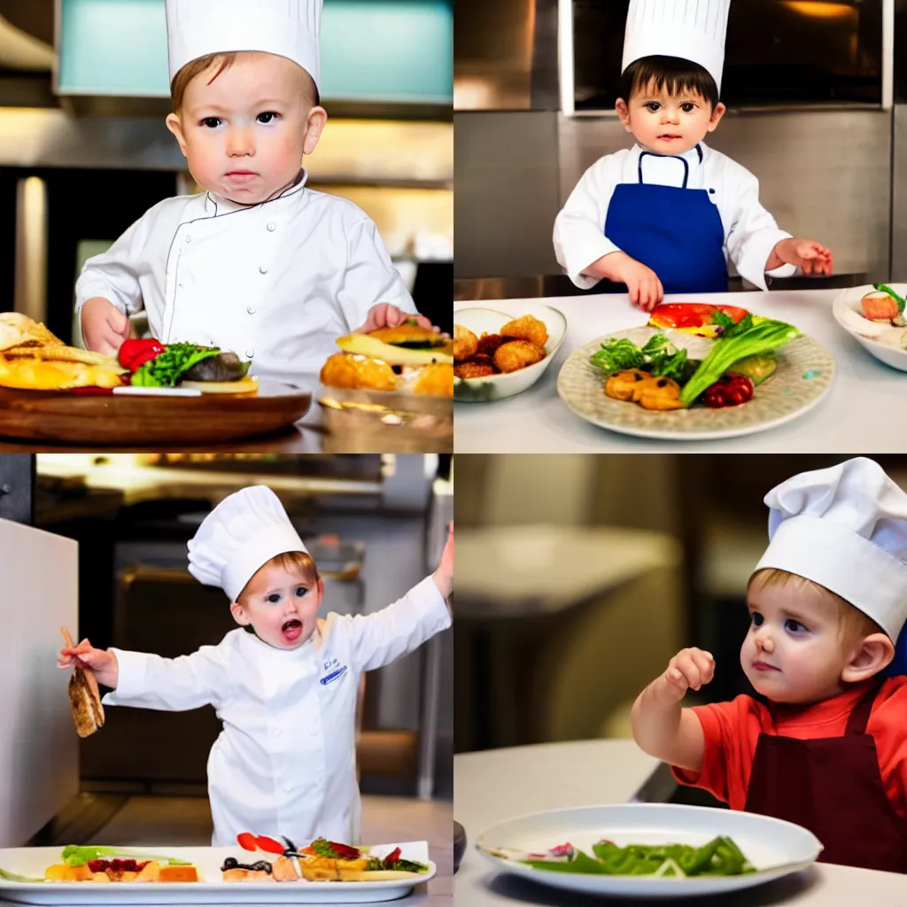 Prompt: toddler as the head chef in a michelin star restaurant