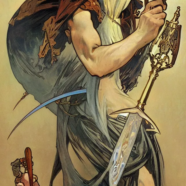 Prompt: an aesthetic! a detailed portrait of a man with a crown, holding a scepter by frank frazetta and alphonse mucha, oil on canvas, art nouveau dungeons and dragons fantasy art, hd, god rays, ray tracing, crisp contour lines, huhd