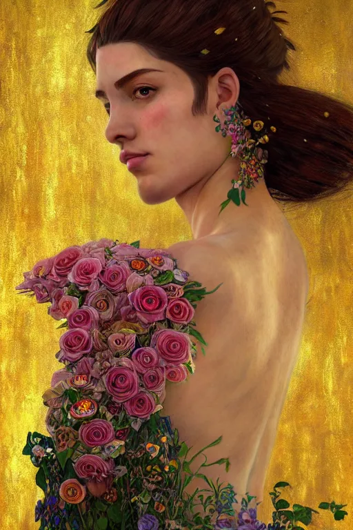 Image similar to portrait of beautiful young mainem, warhammer, cyber style, a lot of more scars, more and more flowers, the middle ages, highly detailed, artstation, illustration, artgerm sylvari portrait, 8 k quality, art by gustav klimt