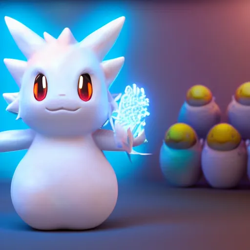 Image similar to nymph render of a very cute 3d togepi pokemon, adorable eyes, cute smile, full round face, neon lights in background, serene bedroom setting, medium shot, mid-shot, highly detailed, trending on Artstation, Unreal Engine 4k