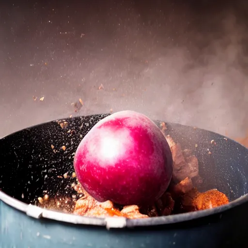 Image similar to a large plum being thrown into a meat grinder, realistic photograph, 4 k, hd