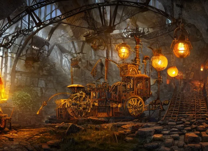 Prompt: minecart track in a magical mine illustration. steam punk fantasy, dramatic lighting, 8 k, sharp focus, global illumination, unreal engine, detailed and intricate environment