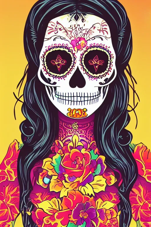 Image similar to illustration of a sugar skull day of the dead girl, art by lixin yin