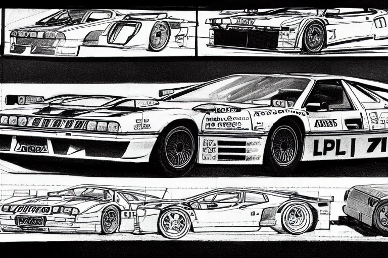 Prompt: single racecar 1 9 8 8 lancia 0 3 7, audi quattro, bmw m 1, 9 1 1, engineering notebook sketch by leonardo da vinci