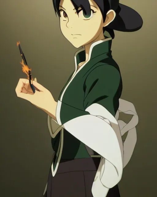 Image similar to toph from avatar as an office clerk, detailed perfect face, exquisite details, fire magic, mid view, design on a white background, by studio muti, greg rutkowski makoto shinkai takashi takeuchi studio ghibli