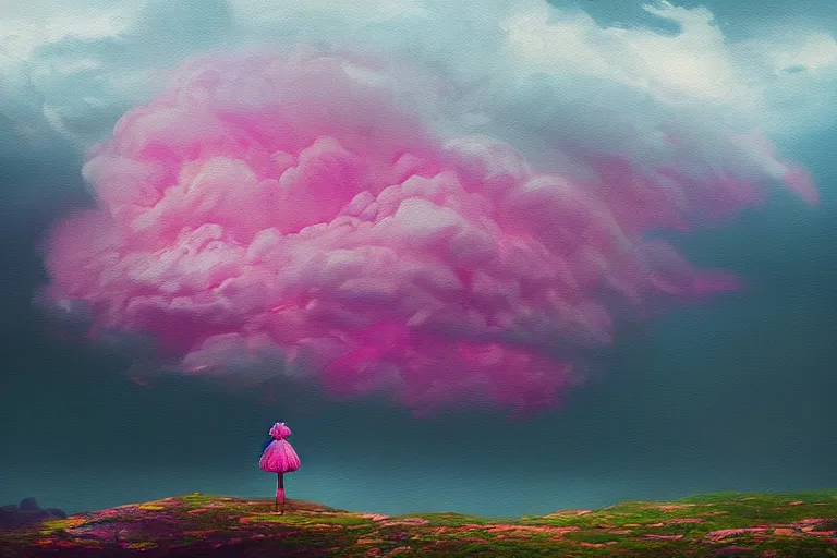 Image similar to giant dahlia flower head, girl walking on mountain, surreal photography, pink storm clouds, dramatic light, impressionist painting, digital painting, artstation, simon stalenhag