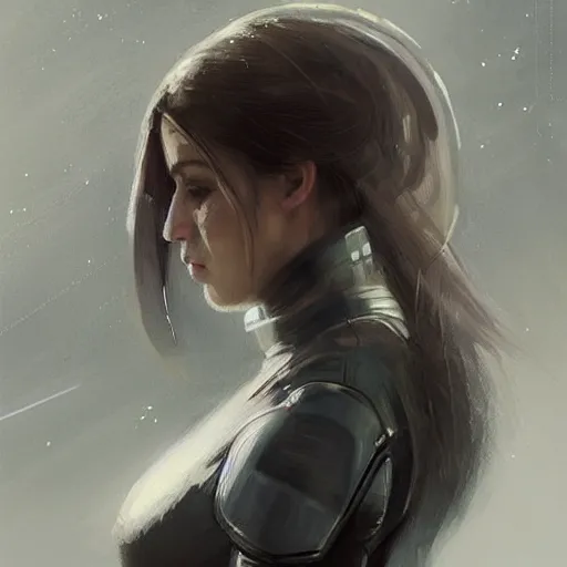 Image similar to Portrait of a woman by Greg Rutkowski, she is about 20 years old, round face, mixture turkish and russian, dark blonde hair with two strands around her face, attractive, sad and melancholy gaze, she is wearing a futuristic tactical space suit, highly detailed portrait, scifi, digital painting, artstation, concept art, smooth, sharp foccus ilustration, Artstation HQ.