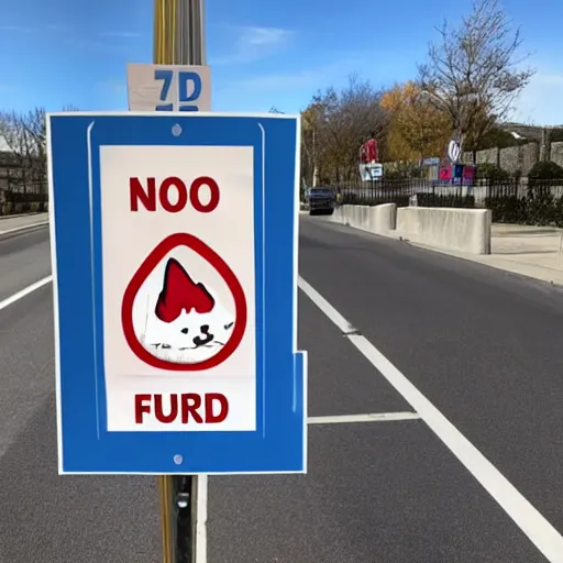 Image similar to a street sign that says no furries, sad furry looking at it