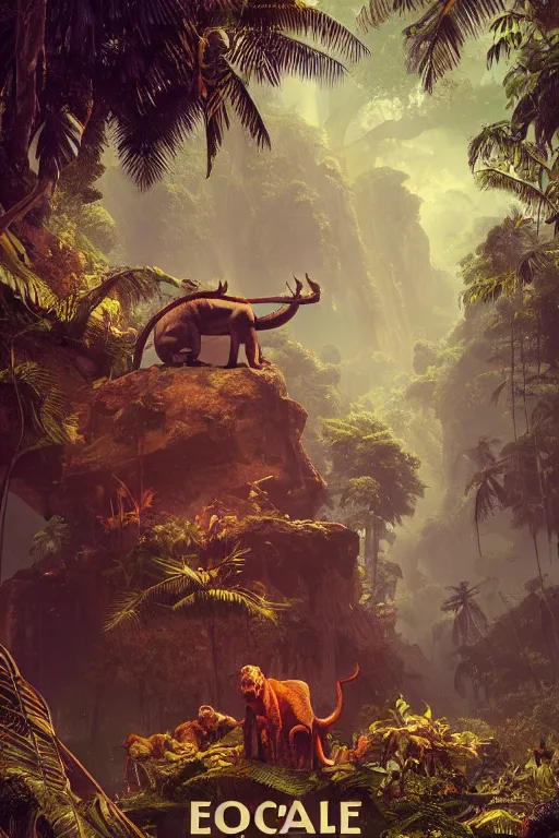 Image similar to Poster, adventure travel to the exotic jungle, vintage Film Poster, illustration, dramatic lighting, cinematic, establishing shot, extremly high detail, photo realistic, cinematic lighting, post processed, concept art, artstation, matte painting, style by eddie mendoza, raphael lacoste, alex ross