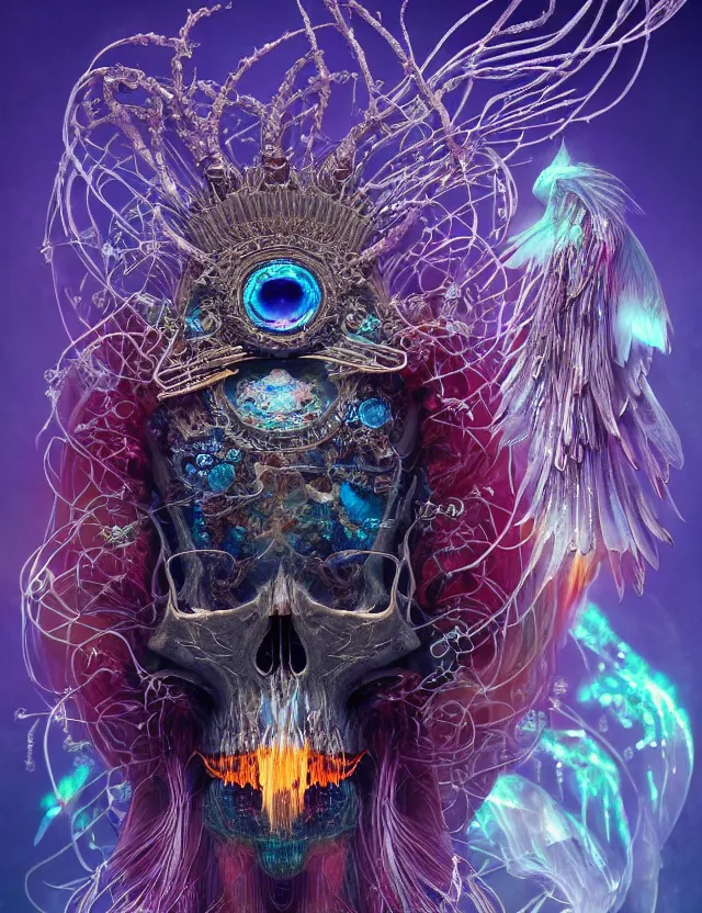 Prompt: witch phoenix macro close - up portrait with crown made of ram skull. phoenix, betta fish, jellyfish, bioluminiscent, plasma, ice, water, wind, creature, super intricate ornaments artwork by tooth wu and wlop and beeple and greg rutkowski