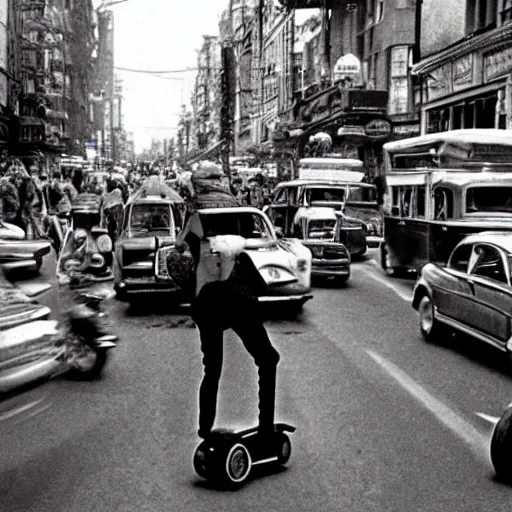 Image similar to a photo by ted nasmith and hans zatzka and quentin tarantino, a y 2 k aesthtic hip scooter messenger driving through a crowded city street