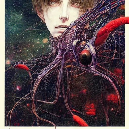 Image similar to simple concept art portrait of, ‘ the alien ’. an award winning yoshitaka amano digital art poster, by james gurney and gerhard richter. art by takato yamamoto. masterpiece, rich colours.