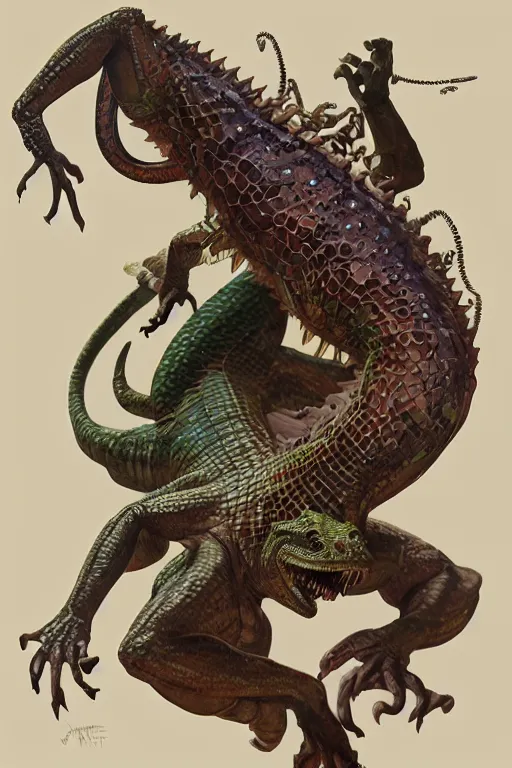 Prompt: fullbody!! dynamic action pose, jesus christ portrayed as a lizard reptile man, intricate, elegant, highly detailed, digital painting, artstation, concept art, smooth, sharp focus, illustration, art by artgerm and greg rutkowski and alphonse mucha