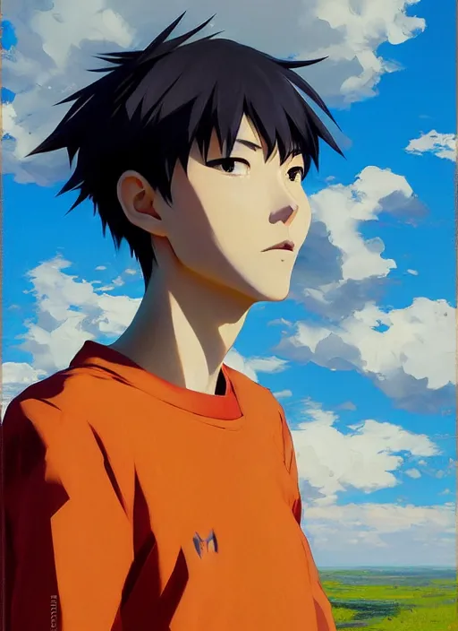 Image similar to portrait of Asuka Soryu from Evangelion, countryside, calm, fantasy character portrait, dynamic pose, above view, sunny day, thunder clouds in the sky, artwork by Jeremy Lipkin and Giuseppe Dangelico Pino and Michael Garmash and Rob Rey, very coherent asymmetrical artwork, sharp edges, perfect face, simple form, 100mm