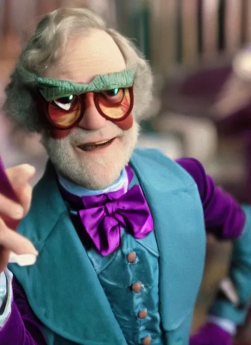 Image similar to “Film still close-up shot of David Letterman as Willy Wonka from the movie Willy Wonka & The Chocolate Factory. Photographic, photography, cinematic”