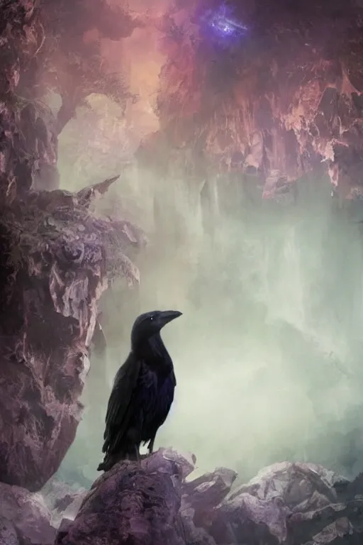 Image similar to portrait of a beautiful one raven perched on purple crystals that are glowing in a misty valley, establishing shot, extremly high detail, foto realistic, cinematic lighting, by yoshitaka amano, ruan jia, kentaro miura, artgerm, post processed, concept art, artstation, raphael lacoste, alex ross