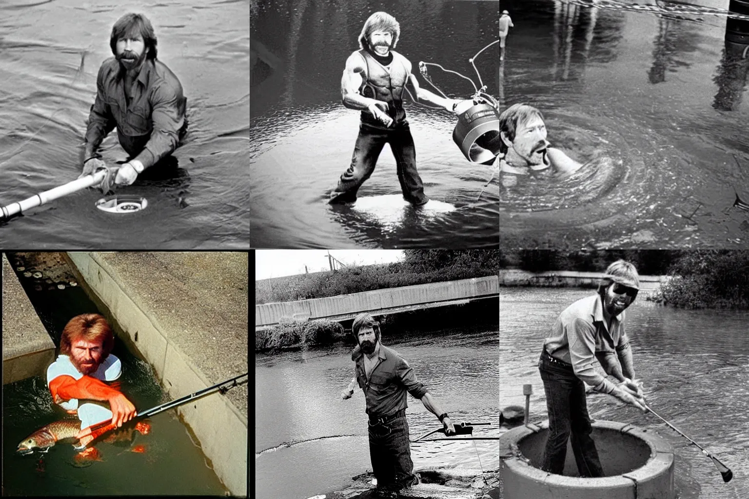 Prompt: a realistic photograph from the 80's of chuck norris fishing in a sewer.