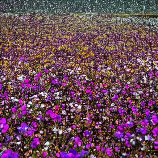 Prompt: a photo of puzzle pieces rain from the sky at a field of flowers.