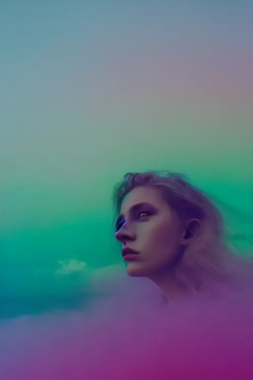 Image similar to high quality pastel coloured film close up photograph of a model in an icelandic black rock!! environment in a partially hazey dreamstate world. three point light, rainbow. photographic production. art directed. pastel colours. volumetric clouds. pastel gradient overlay. waves glitch artefacts. extreme facial silliness. 8 k. filmic.