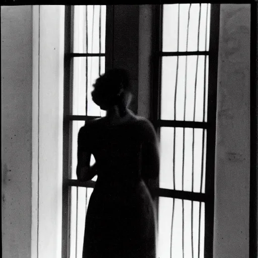 Image similar to beautiful 3 5 mm black and white photo of a woman standing by a window, by maya deren