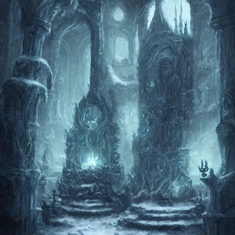 Prompt: a frost lich in an ornate tomb by tony sart, moody green llighting, fantasy, artstation, smooth, illustration
