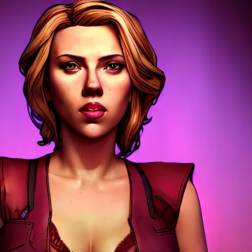 Image similar to scarlett johansson portrait, borderlands, tales from the borderlands, the wolf among us, comic, cinematic lighting, studio quality, 8 k