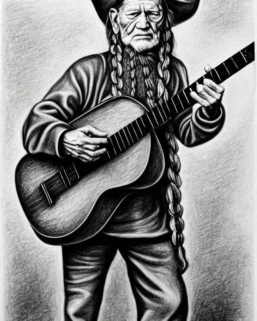 Prompt: a photorealistic portrait of willie nelson and his guitar, in the style of hieronymus bosch, pencil drawing, hyperrealist