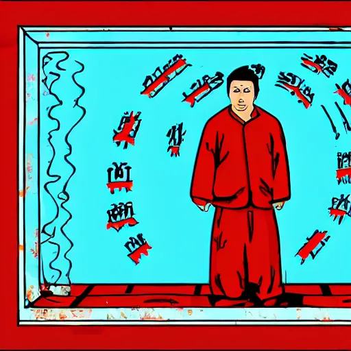 Image similar to a uyghur man in a prison, in the style of daniel johnston and outsider art, 4k, overlaid with chinese text