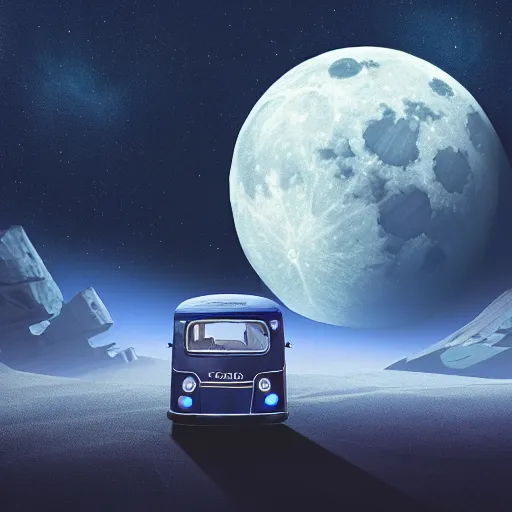 Image similar to a dark blue tuk tuk going across the moon surface, the milky way in the sky, hard science fiction, milky way, moon, matte painting, concept art, 4k