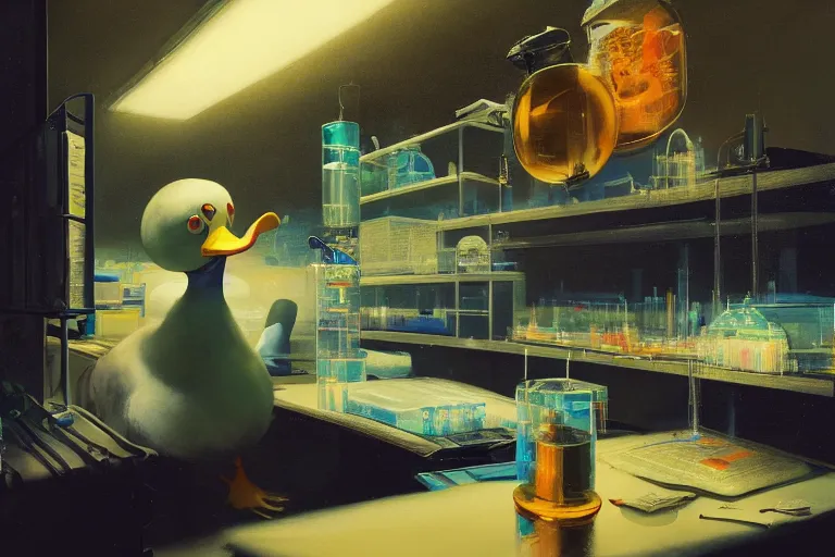 Image similar to A mixed media painting of a scientist duck working in a pcr and microbiology lab, by Frank Frazetta, Greg Rutkowski, Beeple, post-processing, low angle, masterpiece, cinematic, isometric, volumetric lighting