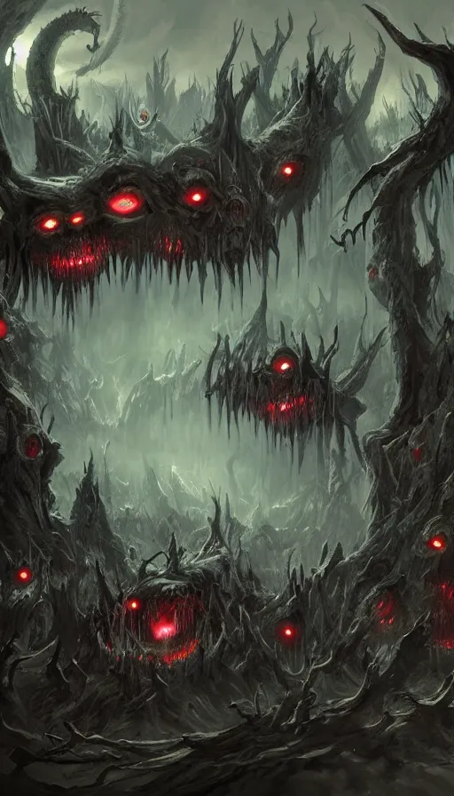 Image similar to a storm vortex made of many demonic eyes and teeth over a forest, by blizzard concept artists