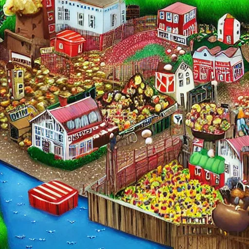 Prompt: A town made out of food with popcorn rain and chocolate ponds, in the style of Charlie and The Chocolate Factory, cgsociety