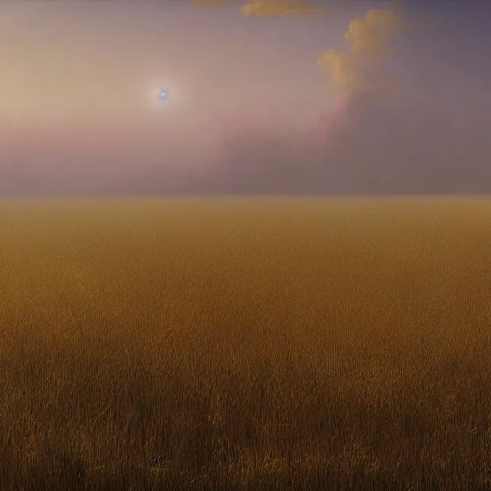 Prompt: a beautiful painting of a field of golden wheat by ivan aivazovsky, zdzisław beksinski, rene magritte, greg rutkowski, james gurney, in style of digital art. hyper detailed. octane render. maya. ray tracing. trending on artstation