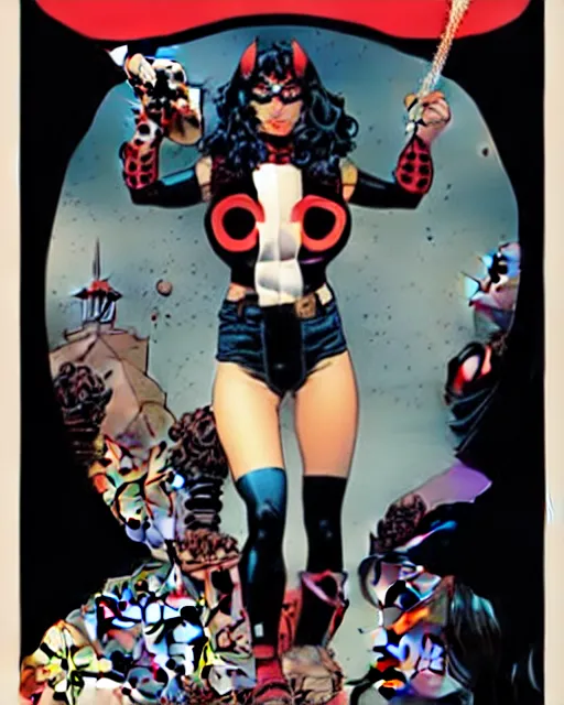 Image similar to mike mignola and sandra chevrier comic cover art, full body cute young lady, symmetrical eyes, bangs, rim lighting, vivid colors