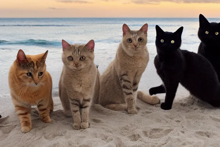 Image similar to cats at the beach and all of the cats are looking directly into the focal point of the camera