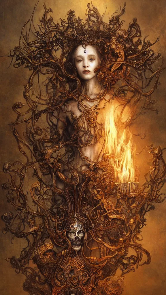 Prompt: breathtaking detailed soft close up painting a skeletal corpse and a crown on its head an intricate metal throne, art nouveau crown of embers, rembrandt style, detailed art nouveau stained glass of flames, highly detailed, artstation, concept art, matte, sharp focus, art by tom bagshaw, peter mohrbacher, james jean, and greg rutkowski