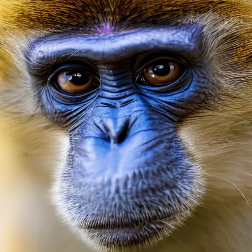 Prompt: photograph of a monkey showing a blue pen towards the camera, 4 k, full hd, highly detailed, close up