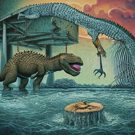 Prompt: dinosaur in water inspired by jacek yerka, cinematic