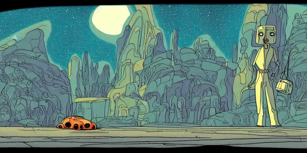 Prompt: traditional drawn colorful animation a car solo stranger with sad face pacing to valley symmetrical architecture on the ground, space station planet afar, planet surface, ground, flower, outer worlds extraterrestrial hyper contrast well drawn Metal Hurlant Pilote and Pif in Jean Henri Gaston Giraud animation film The Masters of Time FANTASTIC PLANET La planète sauvage animation by René Laloux