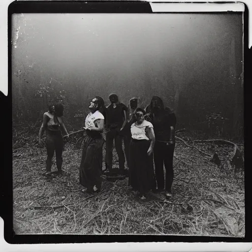 Image similar to a group of people in a witchcraft ritual on an abandoned mad house in the Colombian jungle, mist, 1910 polaroid photography, grainy film, resident evil, Black and white