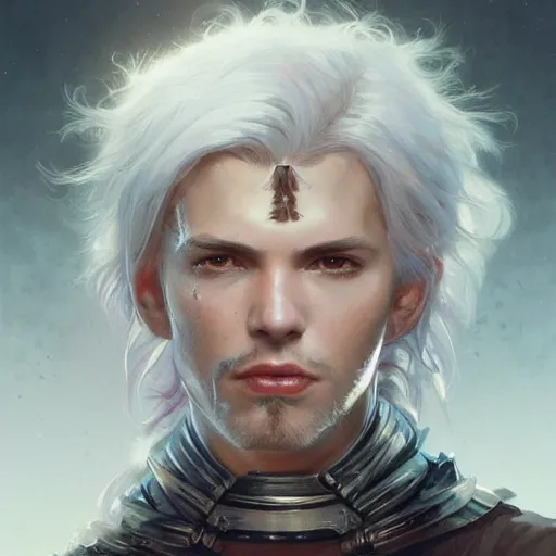 Prompt: portrait of knight, white eyes, white mid hair, scar on face, handsome, elegant, intricate, headshot, highly detailed, digital painting, artstation, concept art, sharp focus, illustration, art by artgerm and greg rutkowski and alphonse mucha